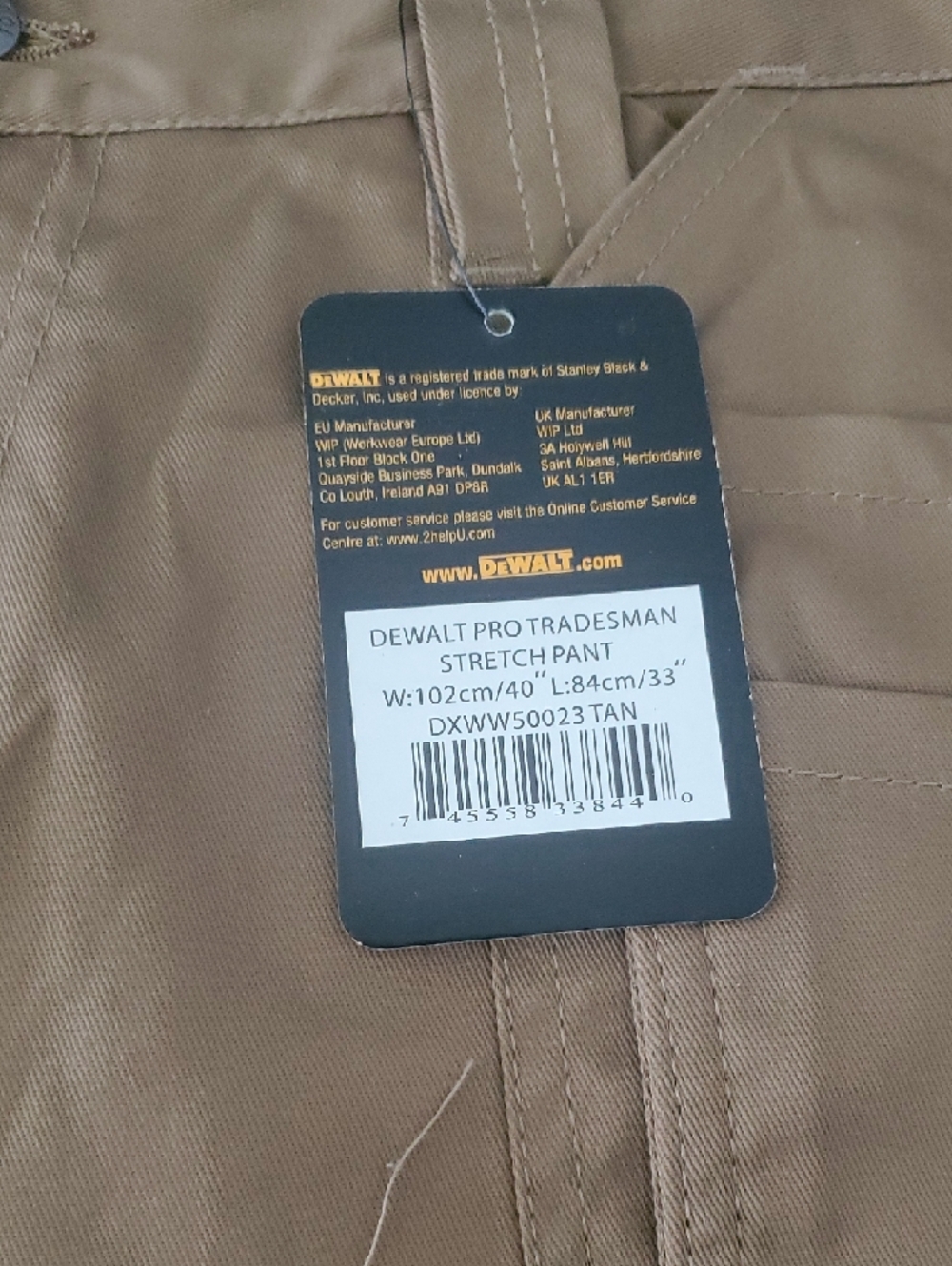 DeWALT Men’s Tan Cargo Work Pants with Black Knee Panels - Picture 2 of 3